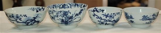 Four Worcester blue and white small bowls, c.1756-80, diam. 4in. - 4.75in.